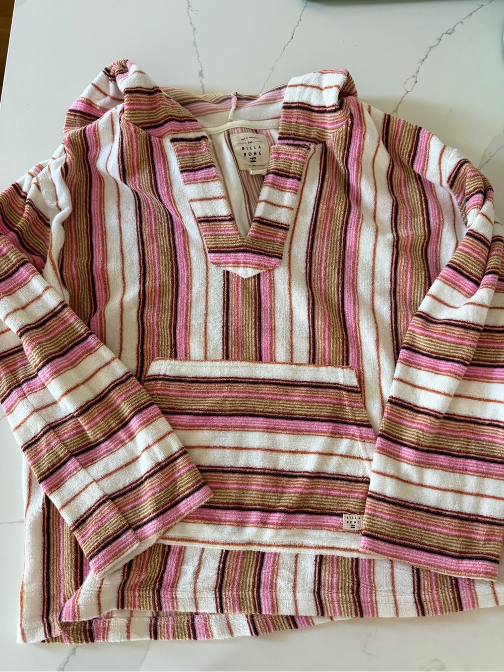 Billabong Pink, White & Brown Striped Terry Baja Hoodie